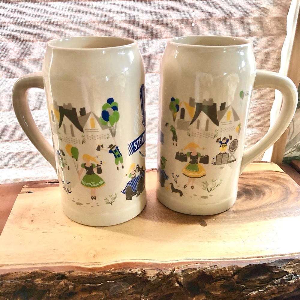 2 Large Vintage 80s Steins/Mugs 7 3/4” Tall EUC Steamwistle Barware Prosit